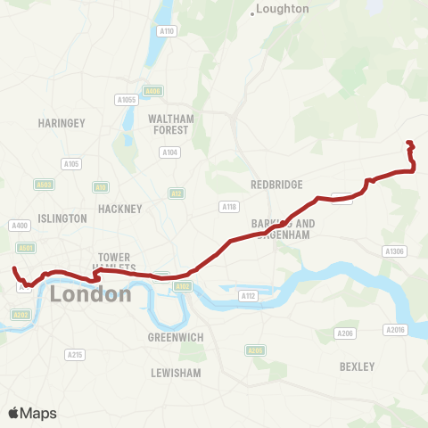 TfL Romford Market - Rush Green - Becontree Heath - Barking - E Ham - Canning Town - Limehouse - Stepney - Aldgate - St Paul's Cathedral - Oxford Circus map