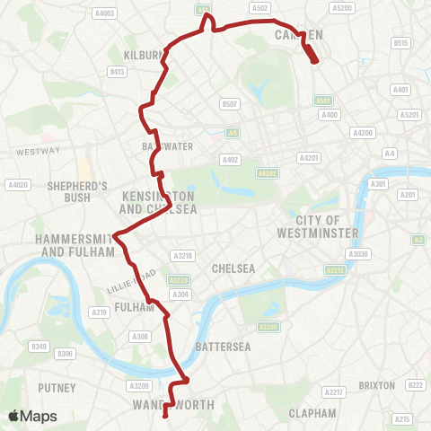 TfL Camden Town - Kilburn - Westbourne Pk - Notting Hill Gate - W Kensington - Fulham Bway - Wandsworth map