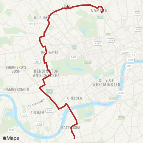 TfL Camden Town - Kilburn Pk - Notting Hill Gate - Chelsea - Clapham Jct map