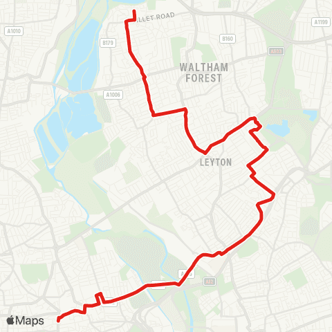 TfL Higham Hill, Cogan Av - Walthamstow - Whipps Cross Hosp - Leytonstone - Hackney, Town Hall map