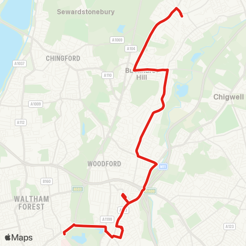 TfL Whipps Cross - Nightingale Ln - S Woodford - Roding Val - Loughton map