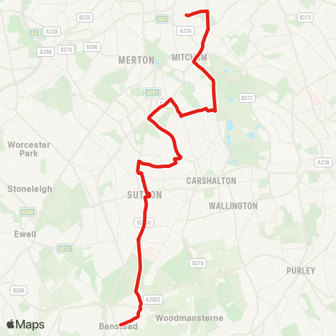 TfL Banstead - Downs Rd - Sutton Sta and Town Ctr - St Helier Hosp - Rose Hill - Mitcham Jct - Mitcham, Lavender Fields map