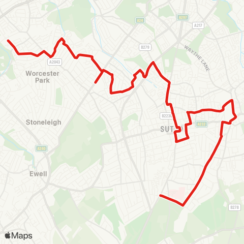 TfL Belmont - Royal Marsden Hosp - Carshalton - Sutton - Sutton Common Sta - N Cheam Sainsbury's - Worcester Pk - Malden Manor Sta map