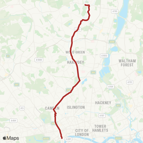 TfL Enfield - Wood Green - Finsbury Pk - Camden Town - Trafalgar Square map