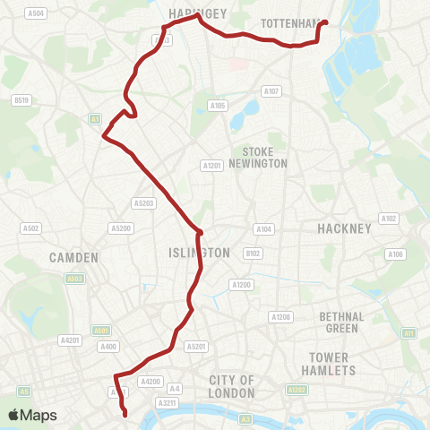 TfL Trafalgar Square - Holborn - Islington - Archway - Tottenham Hale map