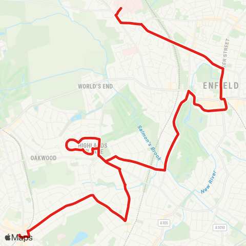 TfL Chase Farm Hosp - Holtwhites Hill - Enfield Town - Grange Pk - Highlands Village - Winchmore Hill Green - Southgate Sta map