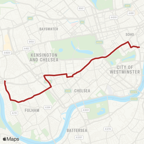 TfL Hammersmith - Fulham Cross - Earls Court - Green Pk - Trafalgar Square map
