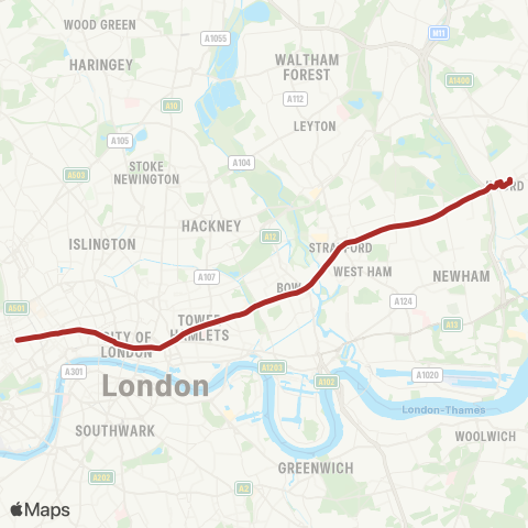 TfL Ilford - Stratford - Mile End - Bank - Oxford Circus map