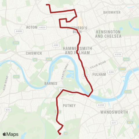TfL E Acton - Hammersmith Hosp - White City Estate - Shepherds Bush - Hammersmith = - Putney Bridge - Putney Common - Barnes Sta and Common - Roehampton, Bessborough Rd map