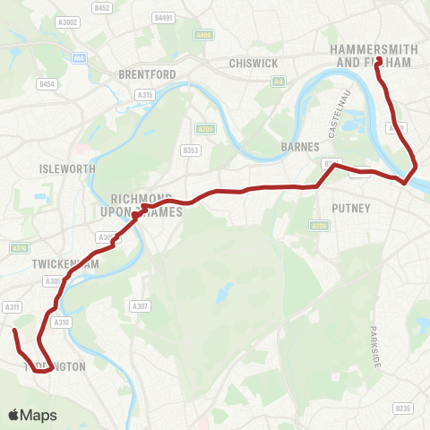 TfL Fulwell - Twickenham - Richmond - Putney Common, Pier and Bridge - Hammersmith map