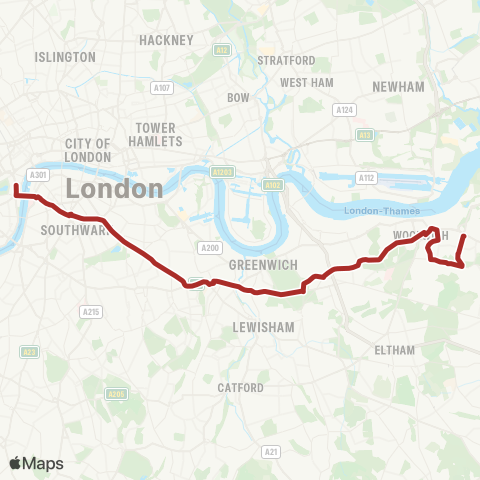 TfL Plumstead Sta - Woolwich - Blackheath Royal Standard - Elephant & Castle - Whitehall, Horse Guards map