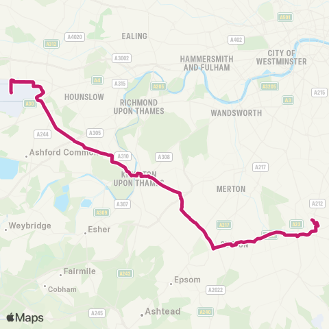 TfL W Croydon - Carshalton - Worcester Pk - Teddington - Heathrow Central map