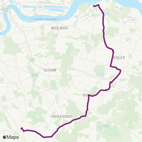 TfL Thamesmead - Abbey Wood - Bexleyheath Sta and Town Ctr - Sidcup - Queen Mary's Hosp - Chislehurst Sta - Bromley N map