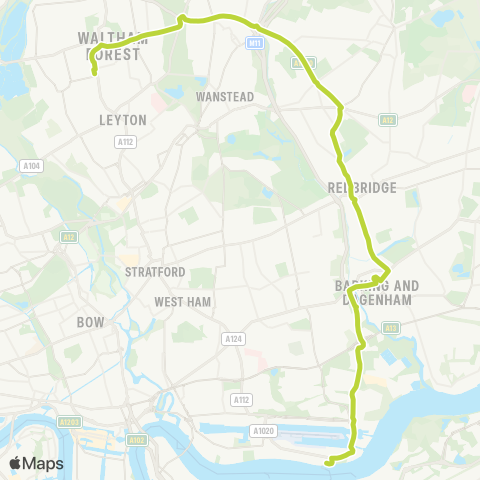 TfL Walthamstow Central - S Woodford - Ilford - Gallions Reach - N Woolwich map