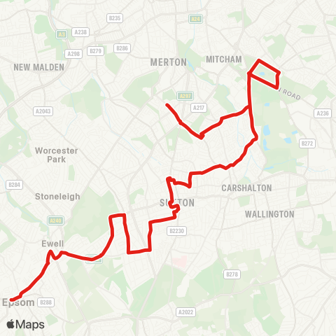 TfL Epsom - Ewell Village and E Sta - Cheam Bway and Sta - York Rd - Sutton Sta and Town Ctr - Oakhill Rd - Edinburgh Rd - St Helier Hosp - Rose Hill - St Helier Sta map