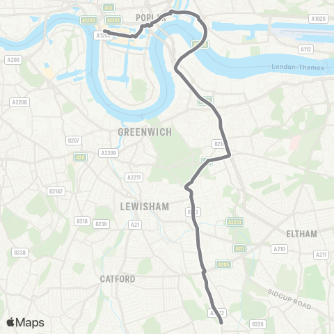 TfL Canary Wharf - E India - Leamouth - Sun In The Sands - Blackheath - Lee Green - Lee - Grove Pk map