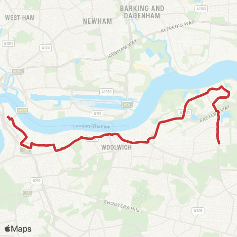 TfL N Greenwich - Bugsby Way - Charlton - Woolwich - Plumstead Sta - Thamesmead - Abbey Wood map