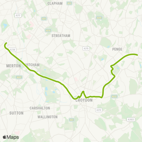 TfL New Addington / Elmers End / Beckenham Jct - Croydon - Wimbledon map