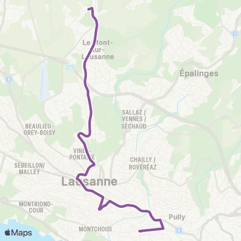 tl - Transports publics lausannois Pully, gare - Le Mont-sur-L., Grand-Mont map
