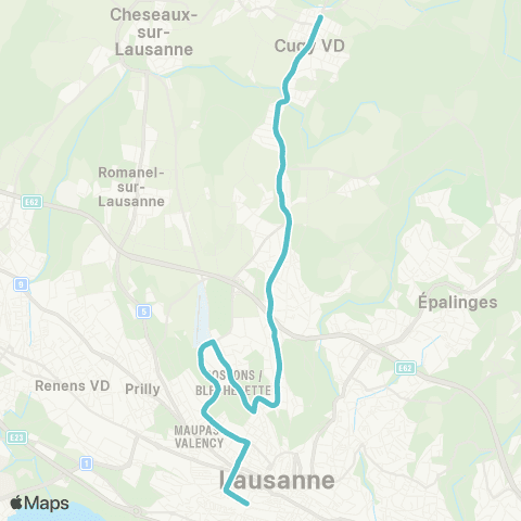 tl - Transports publics lausannois Lausanne, gare - Cugy VD, Le Moulin map