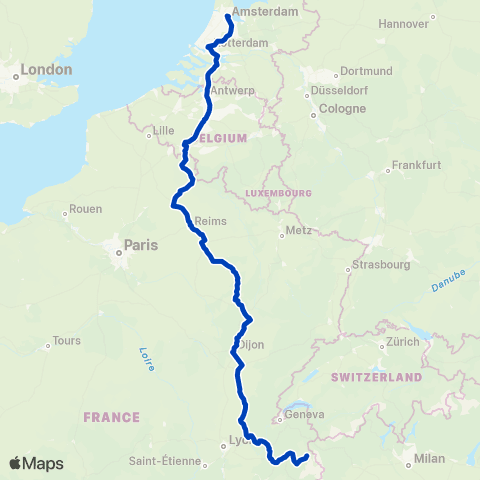 Travelski Night Express Amsterdam Centraal ↔ Bourg-Saint-Maurice map