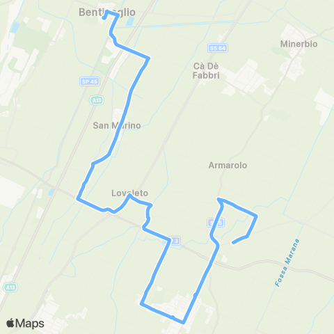 Tper BO Prontobus Pontica - Granarolo dell'Emilia - Ospedale di Bentivoglio map