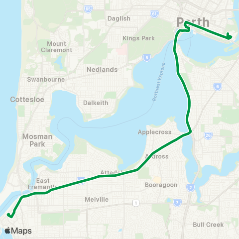 Transperth Fremantle - East Perth map