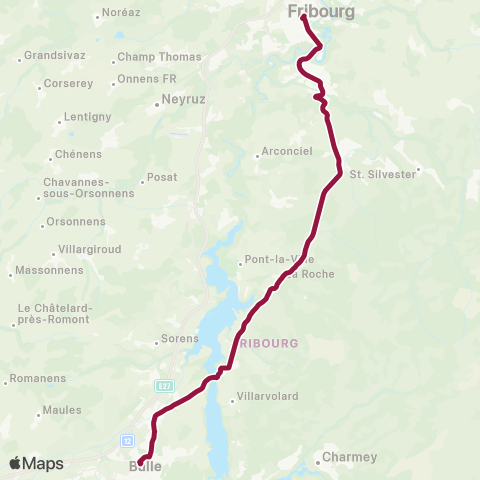 TPF - Transports publics fribourgeois Bulle, gare routière - Fribourg/Freiburg, gare rout. map