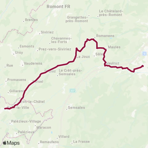 TPF - Transports publics fribourgeois Bulle, gare routière - Vuisternens-dt-Romont, forge map
