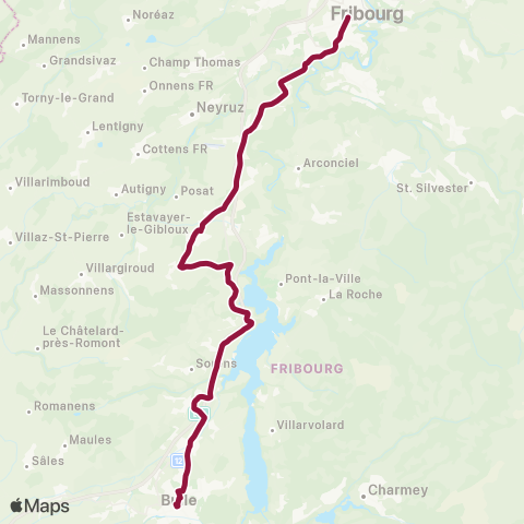 TPF - Transports publics fribourgeois Bulle, gare routière - Fribourg/Freiburg, gare rout. map