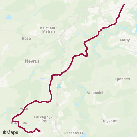 TPF - Transports publics fribourgeois Fribourg/Freiburg, gare rout. - Farvagny-le-Grand, CO Gibloux map