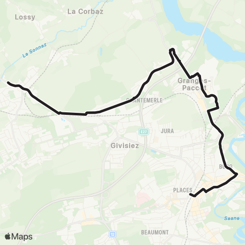 TPF - Transports publics fribourgeois Fribourg/Freiburg, gare rout. - Belfaux, Laiterie map