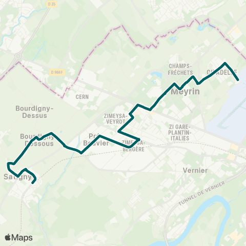 tpg - Transports publics genevois Meyrin, Citadelle - Satigny, gare map