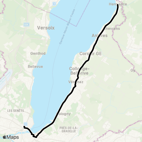 tpg - Transports publics genevois Genève, gare Cornavin - Hermance, village map