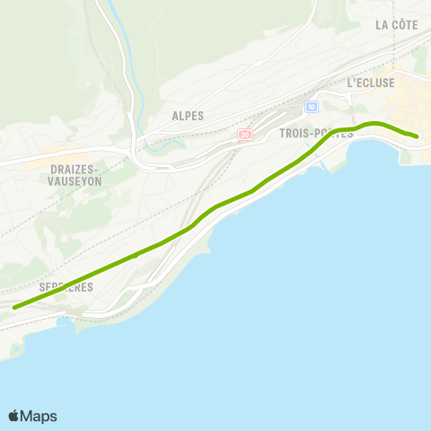 Transports Publics Neuchâtelois Neuchâtel, Place Pury - Neuchâtel, Serrières (bus) map