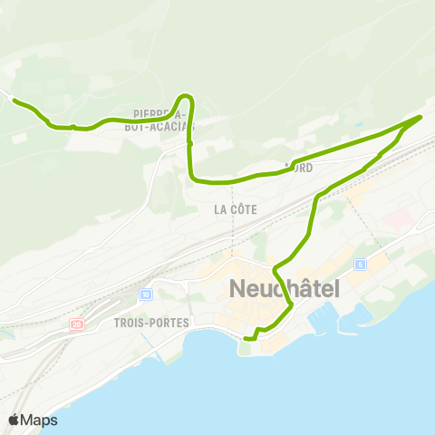 Transports Publics Neuchâtelois Neuchâtel, Trois-Chênes - Neuchâtel, Place Pury map
