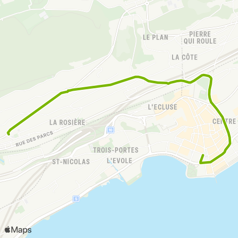 Transports Publics Neuchâtelois Neuchâtel, Temple Valangines - Neuchâtel, Place Pury map