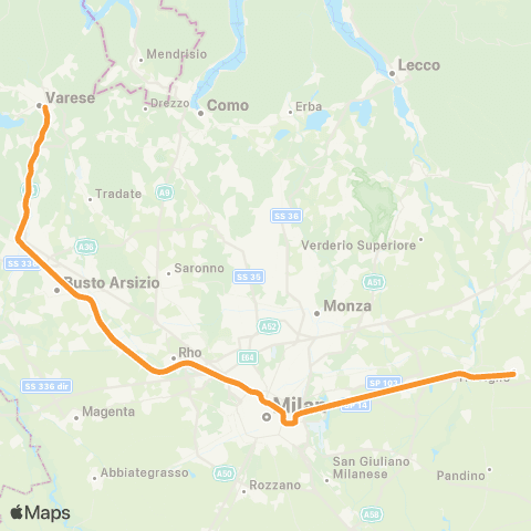 Trenord Varese-Milano Passante-Treviglio map