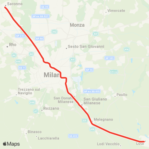 Trenord Saronno-Milano Passante-Lodi map