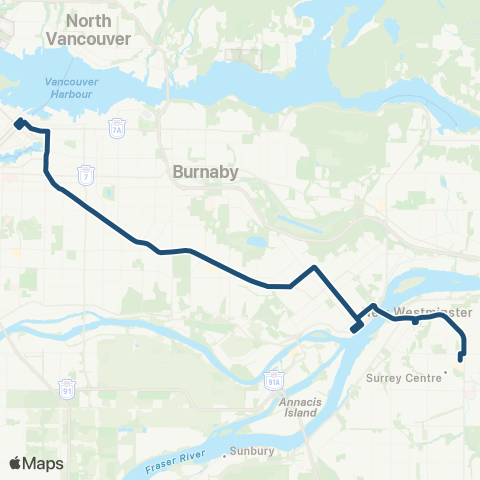 TransLink Downtown / Surrey Central Nightbus map