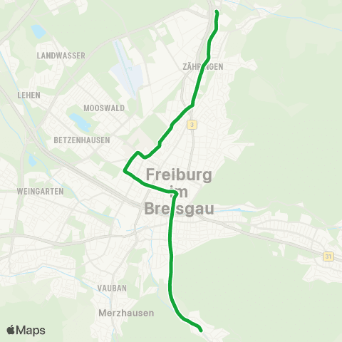 VAG Günterstal - Bertoldsbrunnen - Hauptbahnhof - Brühl map