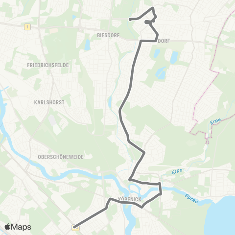 BVG 🅢 Adlershof (Berlin) ↔︎ 🅢+🅤 Wuhletal (Berlin) map