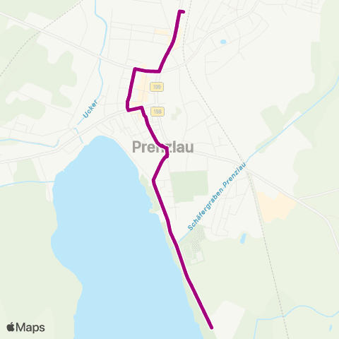 Uckermärkische Verkehrsgesellschaft Campingplatz ↔︎ Prenzlau Zob map