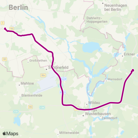 DB Regio Bus Ost Tesla Süd Bhf ↔︎ 🅢 Südkreuz Bhf (Berlin) map