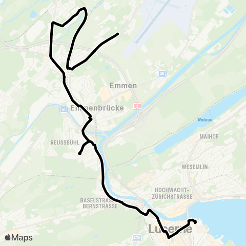 VBL - Verkehrsbetriebe Luzern Luzern, Bahnhof - Emmen, Kasernenstrasse map