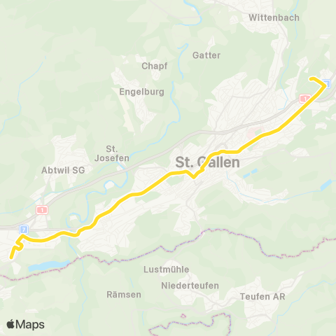 VBSG - Verkehrsbetriebe St.Gallen St. Gallen, Stephanshorn - St. Gallen, Winkeln map