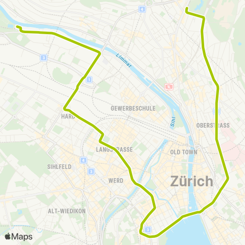 VBZ - Verkehrsbetriebe Zürich Zürich, Hardturm - Zürich, Kirche Fluntern map