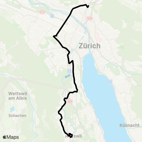 VBZ - Verkehrsbetriebe Zürich Zürich, Milchbuck - Adliswil, Schulhaus Kopfholz map