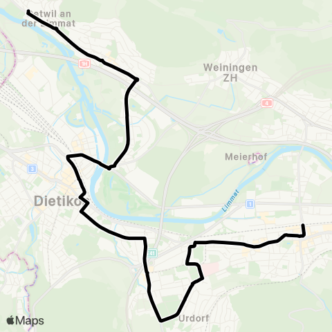 VBZ - Verkehrsbetriebe Zürich Schlieren, Bahnhof - Oetwil an der Limmat, Zentrum map