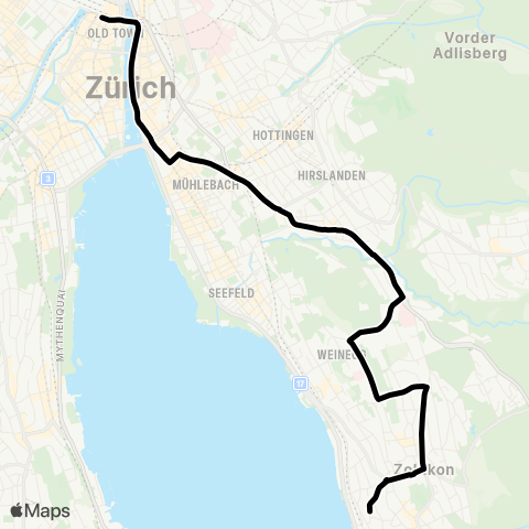 VBZ - Verkehrsbetriebe Zürich Zollikon, Bahnhof - Zürich, Bahnhofplatz/HB map